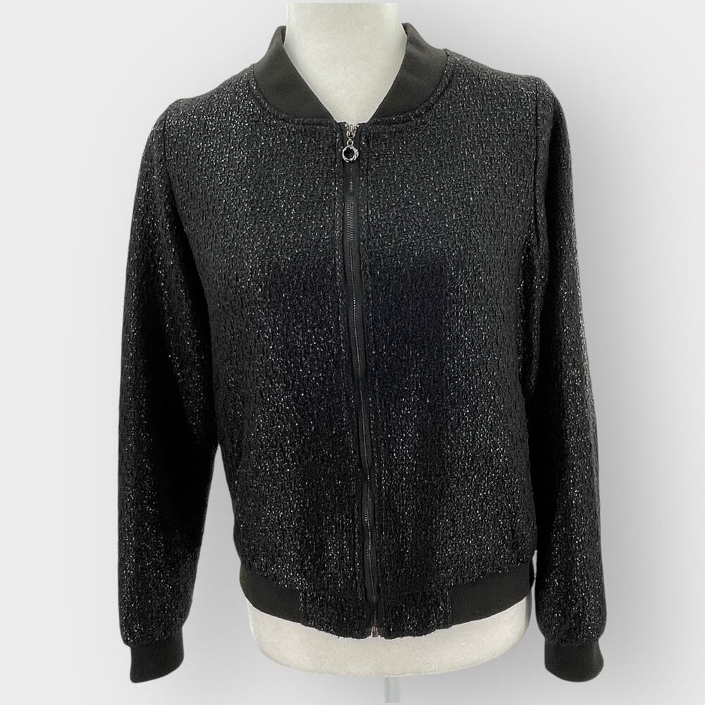 Molly Bracken Black Knit Metallic Textured Lightweight Lined Bomber Jacket M - Picture 2 of 11